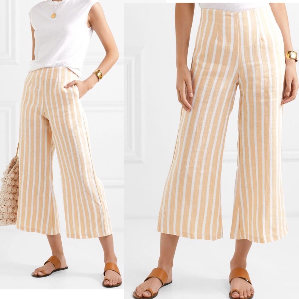 Faithfull the Brand Beige and White Striped Cropped Wide-Leg Pants